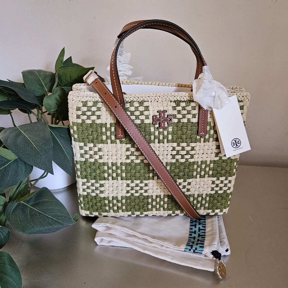 Tory Burch nwt Blake small woven straw tote Crossbody handbag green cream leathe
